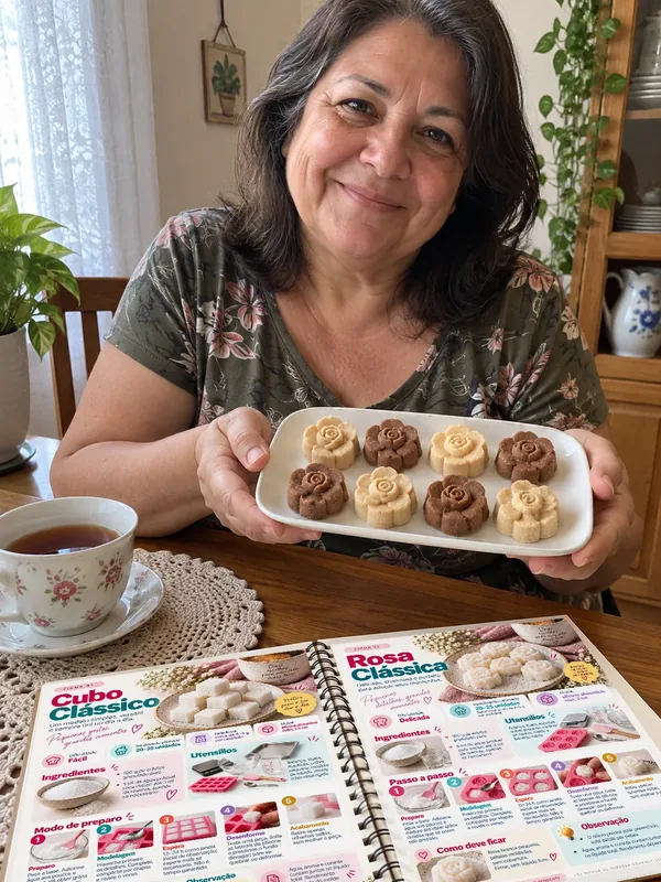 Mulher com bandeja de torrões e fichas abertas na mesa — ilustração de IA