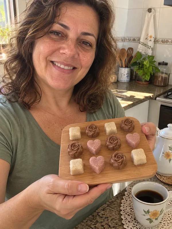 Mulher mostrando torrões variados na cozinha — ilustração de IA