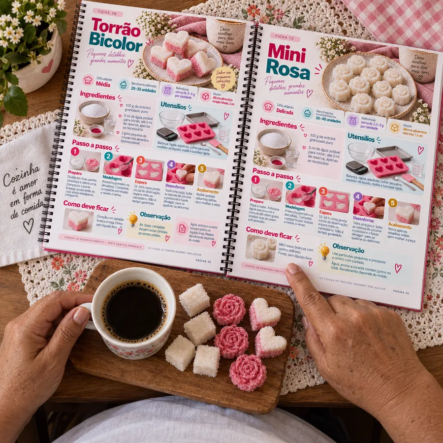 Fichas de Torrão Bicolor e Mini Rosa abertas à mesa com café